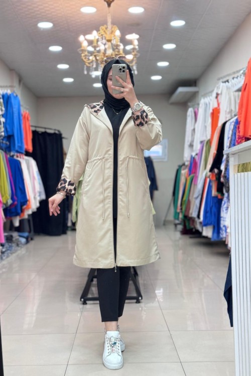 5555 KOL LEOPAR DETAYLI TRENÇ  Taş Rengi