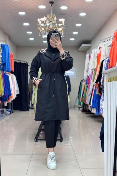 5555 KOL LEOPAR DETAYLI TRENÇ  Siyah