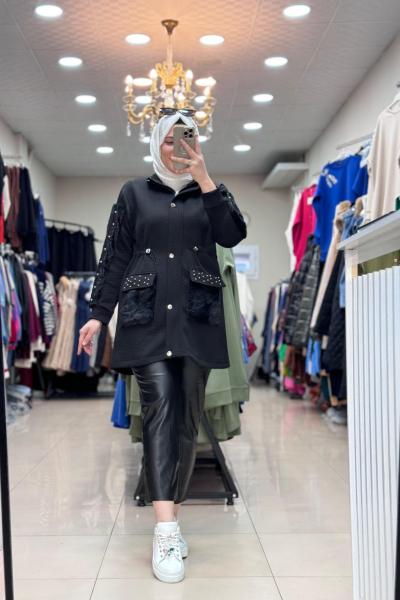 5563 KÜRK DETAYLI TAŞLI CEKET Siyah