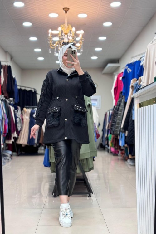 5563 KÜRK DETAYLI TAŞLI CEKET Siyah