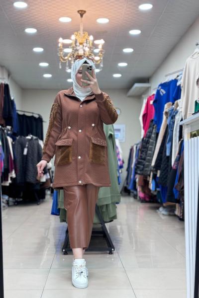 5563 KÜRK DETAYLI TAŞLI CEKET Kahverengi