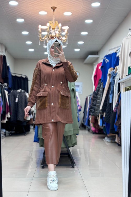 5563 KÜRK DETAYLI TAŞLI CEKET Kahverengi