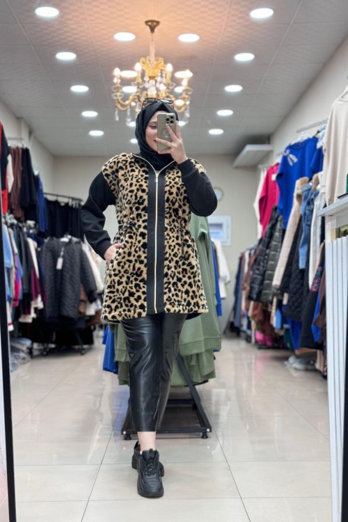 5565 LEOPAR PELUŞ CEKET Siyah