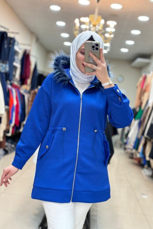 5566 ÖRME KÜRK DETAYLI  CEKET Mavi