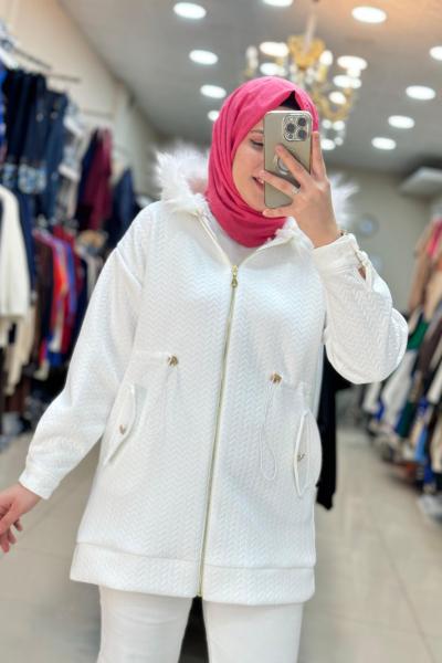 5566 ÖRME KÜRK DETAYLI  CEKET Beyaz