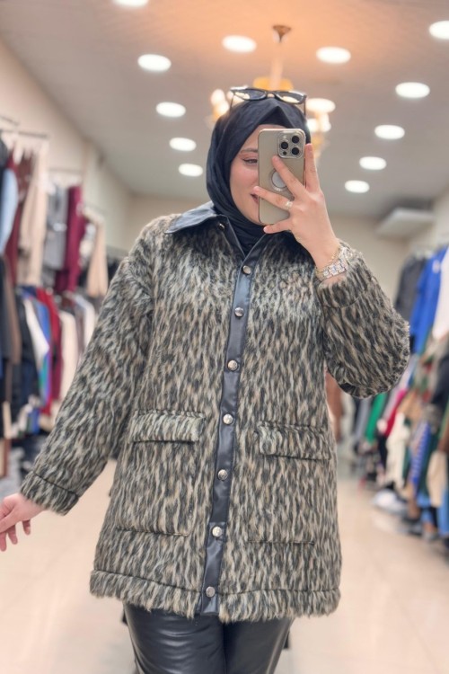 5575 LEOPAR ANGORA CEKET  Leopar