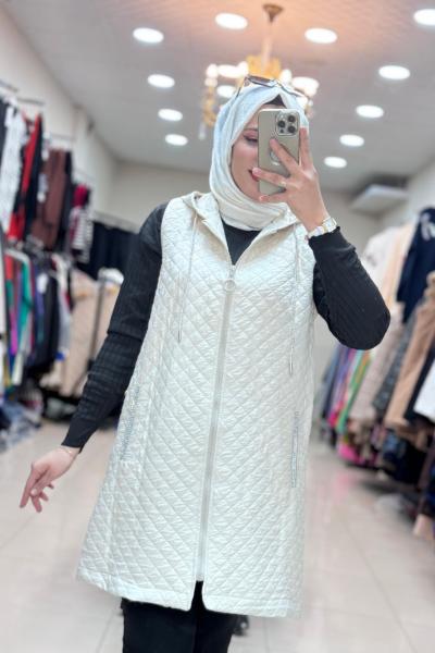 6513 NOŞ TAŞLI KAPİTONE YELEK Taş Rengi