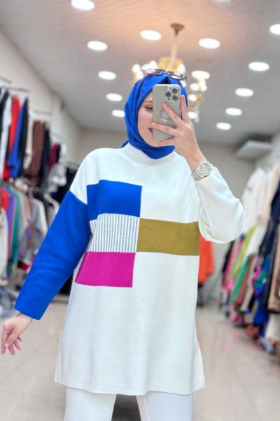 7000 KARE ÇİZGİ DESENLİ TRİKO Ekru