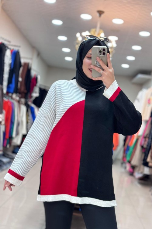 7001 ÇİZGİLİ TRİKO TUNİK   Siyah Kırmızı