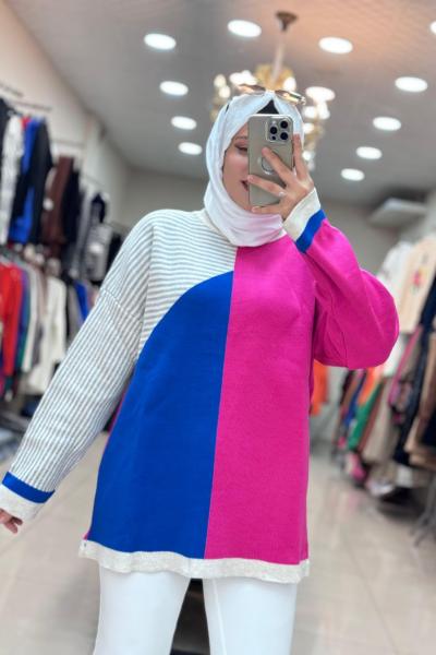 7001 ÇİZGİLİ TRİKO TUNİK   FUŞYA-MAVİ