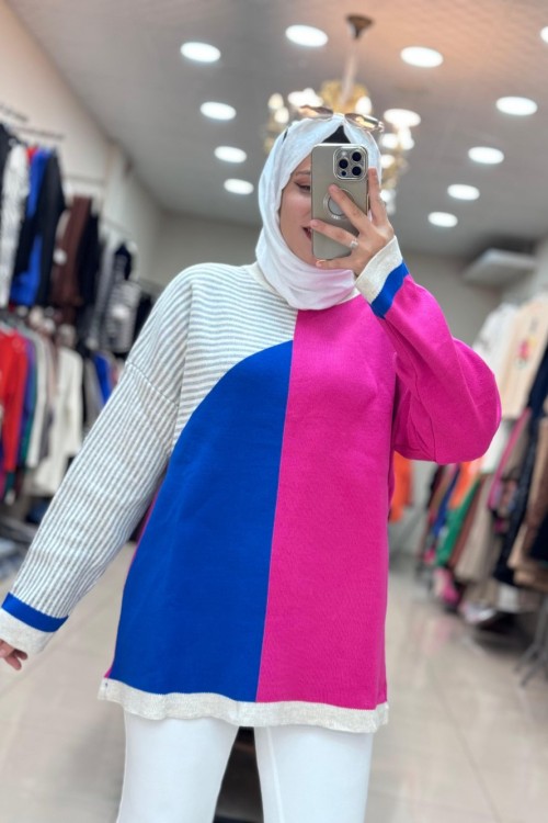 7001 ÇİZGİLİ TRİKO TUNİK   FUŞYA-MAVİ