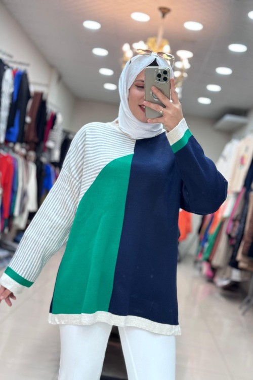 7001 ÇİZGİLİ TRİKO TUNİK   LACİVERT-YEŞİL