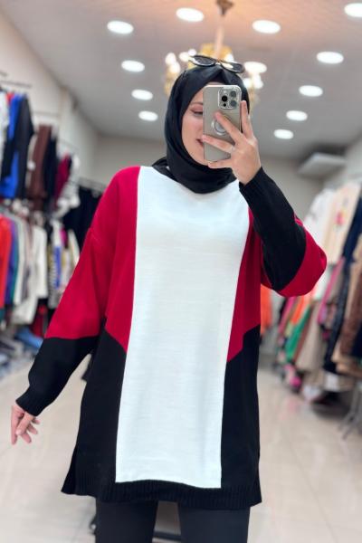 7002 ASYA TUNİK  SİYAH-KIRMIZI