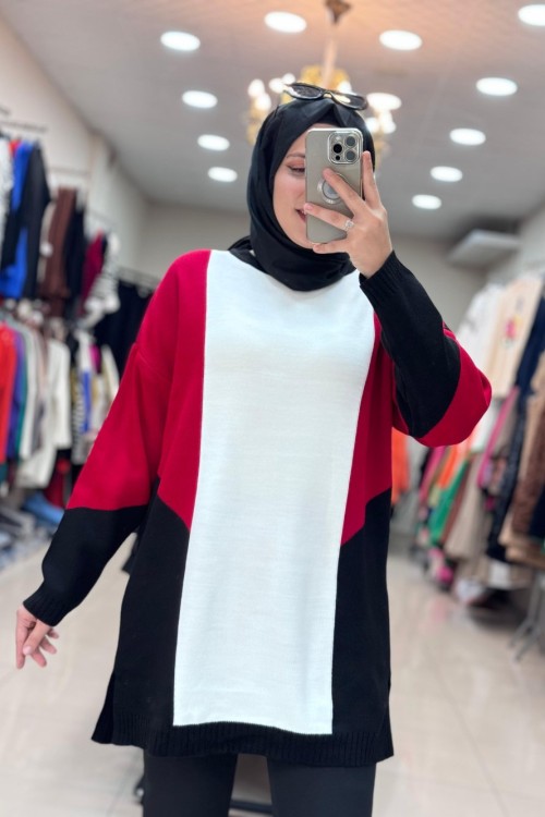 7002 ASYA TUNİK  SİYAH-KIRMIZI