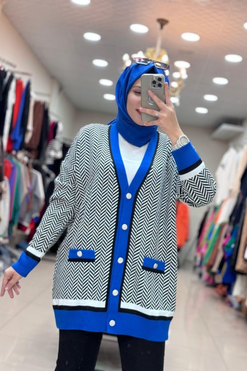 7009 V ÇİZGİLİ HIRKA  SİYAH-SAKS MAVİSİ