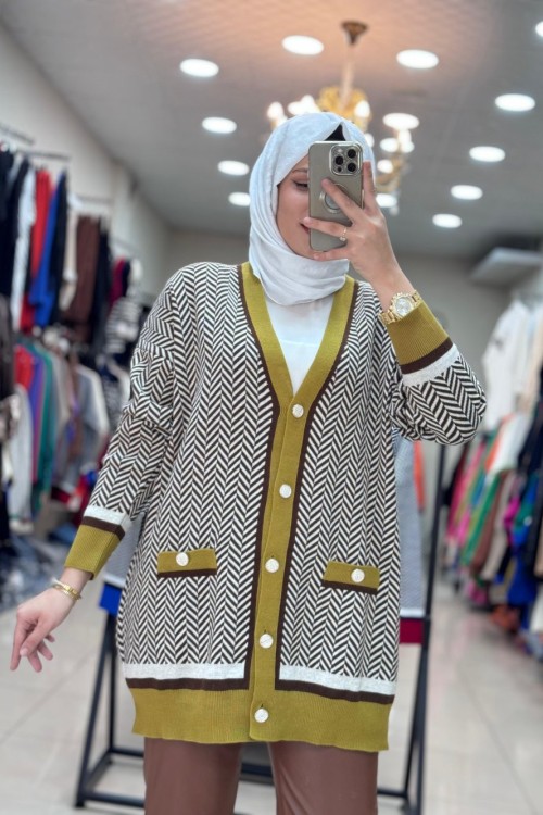 7009 V ÇİZGİLİ HIRKA  KAHVERENGİ-YEŞİL