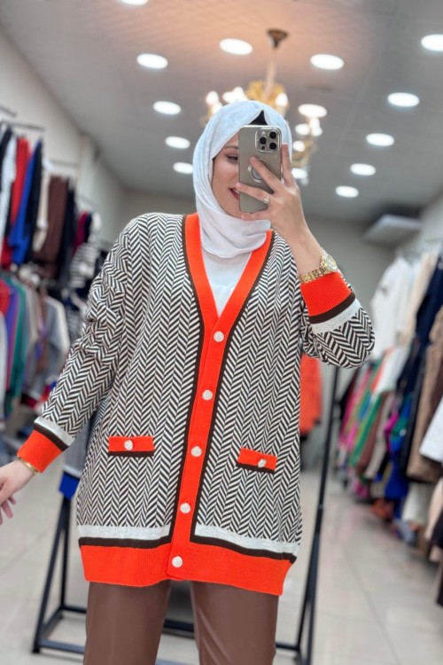 7009 V ÇİZGİLİ HIRKA  KAHVERENGİ-TURUNCU