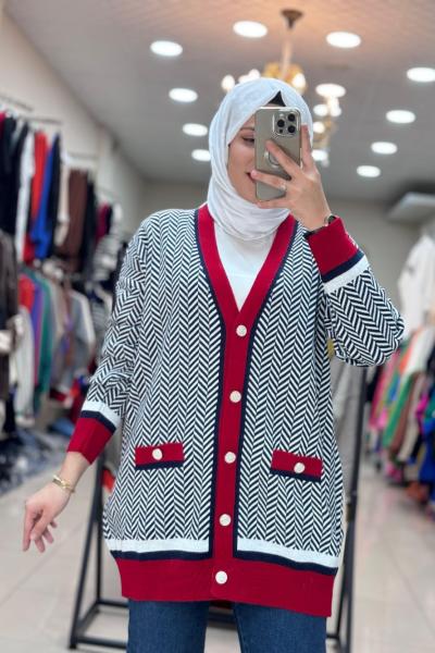 7009 V ÇİZGİLİ HIRKA  KIRMIZI-LACİVERT