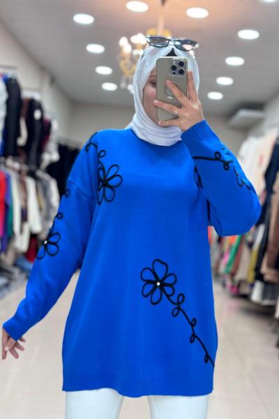 7010 ÇİÇEKLİ TRİKO TUNİK  Saks Mavisi