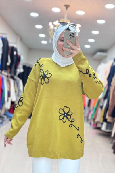 7010 ÇİÇEKLİ TRİKO TUNİK  Yağ Yeşili