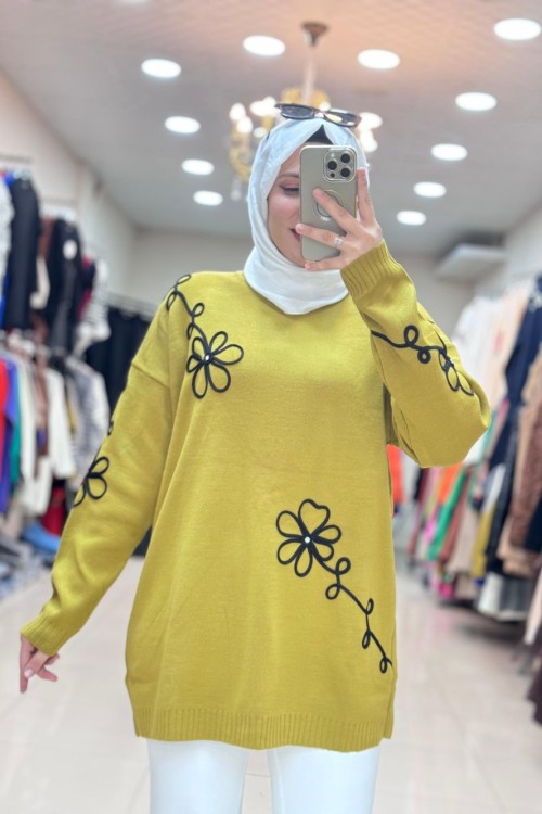 7010 ÇİÇEKLİ TRİKO TUNİK  Yağ Yeşili