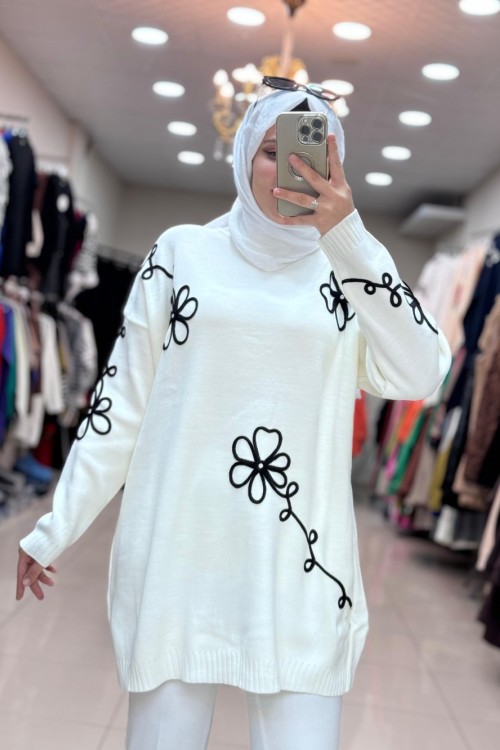 7010 ÇİÇEKLİ TRİKO TUNİK  Ekru