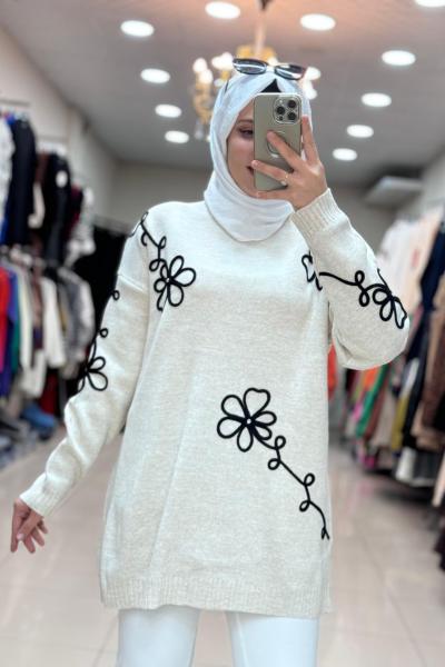 7010 ÇİÇEKLİ TRİKO TUNİK  Taş Rengi