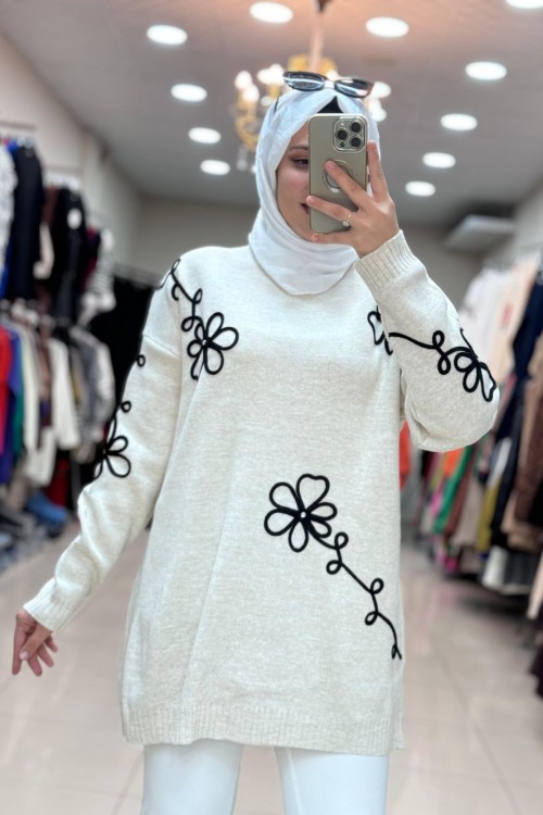 7010 ÇİÇEKLİ TRİKO TUNİK  Taş Rengi