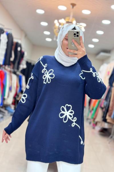 7010 ÇİÇEKLİ TRİKO TUNİK  Lacivert