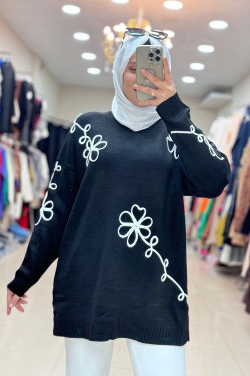 7010 ÇİÇEKLİ TRİKO TUNİK  Siyah