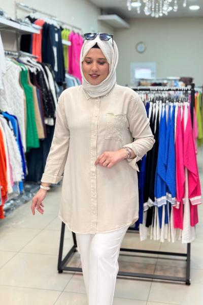 7261 CEBİ ÇİÇEK MOTİFLİ TENSEL GÖMLEK  Taş Rengi