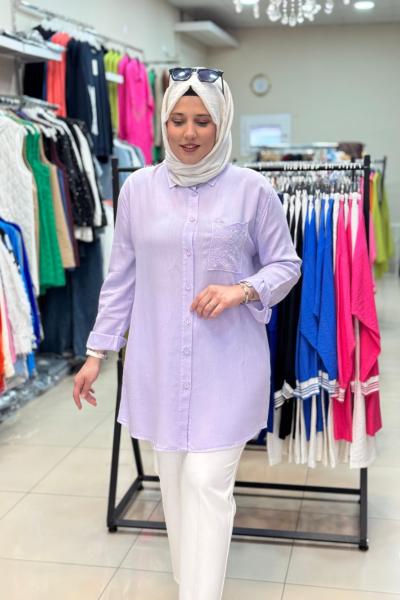 7261 CEBİ ÇİÇEK MOTİFLİ TENSEL GÖMLEK  Lila