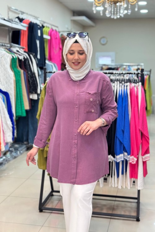 7261 CEBİ ÇİÇEK MOTİFLİ TENSEL GÖMLEK  Mürdüm