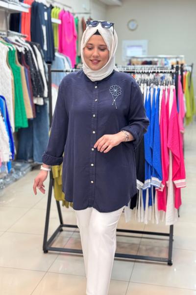 7349 ÇİÇEK BONCUKLU TENSEL GÖMLEK  Lacivert