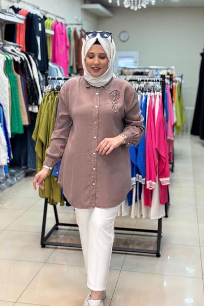 7349 ÇİÇEK BONCUKLU TENSEL GÖMLEK  Kahverengi