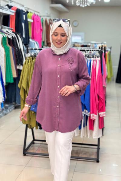 7349 ÇİÇEK BONCUKLU TENSEL GÖMLEK  Mürdüm