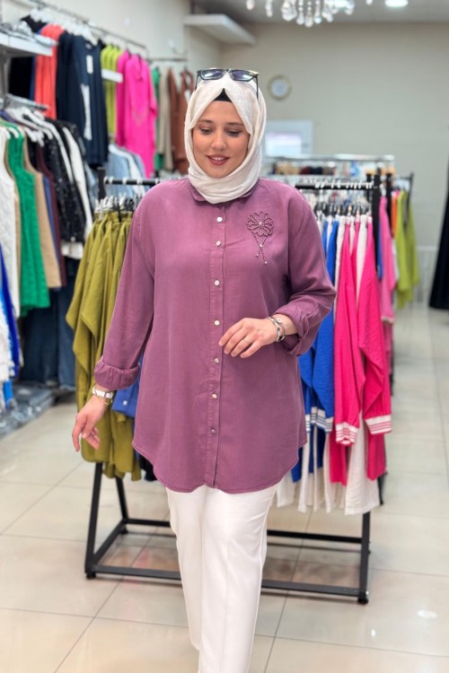 7349 ÇİÇEK BONCUKLU TENSEL GÖMLEK  Mürdüm