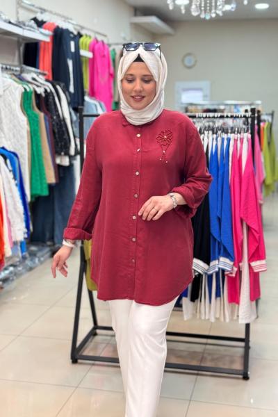 7349 ÇİÇEK BONCUKLU TENSEL GÖMLEK  Bordo