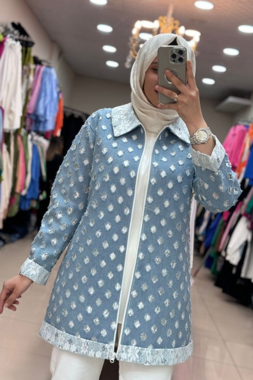 8009 KOT ÇİÇEK DESENLİ CEKET  BUZ MAVİ