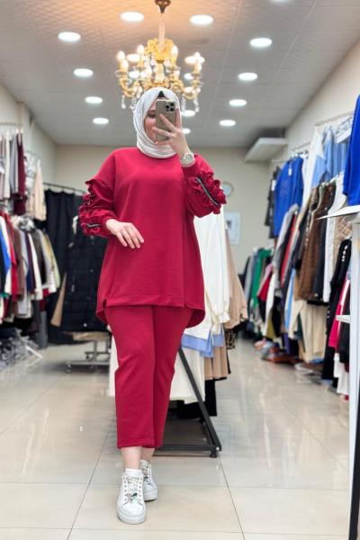 8063 KOLLARI TAŞ BÜZMELİ TAKIM Kırmızı