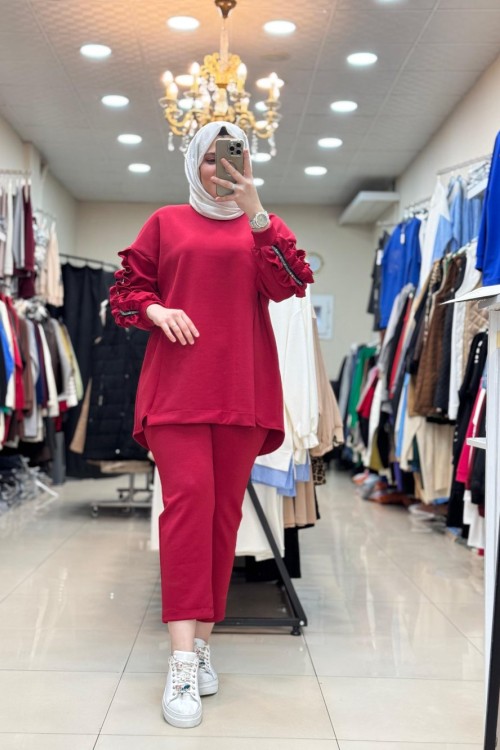 8063 KOLLARI TAŞ BÜZMELİ TAKIM Kırmızı