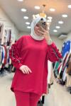8063 KOLLARI TAŞ BÜZMELİ TAKIM Kırmızı