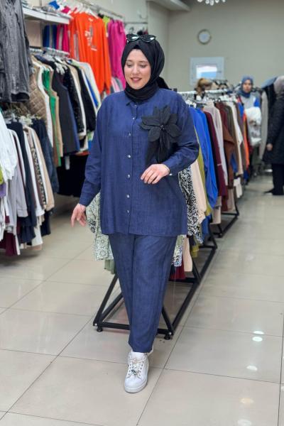 8085 PREMIUM ÇİÇEK DETAYLI TAKIM Lacivert