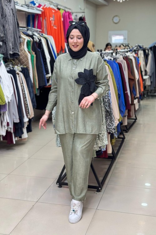 8085 PREMIUM ÇİÇEK DETAYLI TAKIM Haki