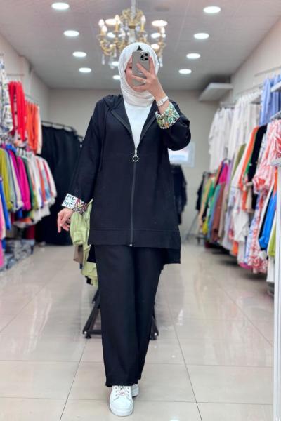 9592 KOLU DESENLİ TAKIM Siyah