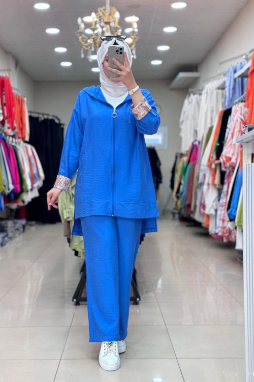 9592 KOLU DESENLİ TAKIM Mavi