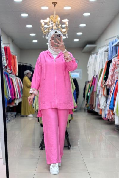 9592 KOLU DESENLİ TAKIM Fuşya