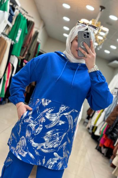 9630 Kapşonlu Yaldızlı Takım  Saks  Saks Mavisi