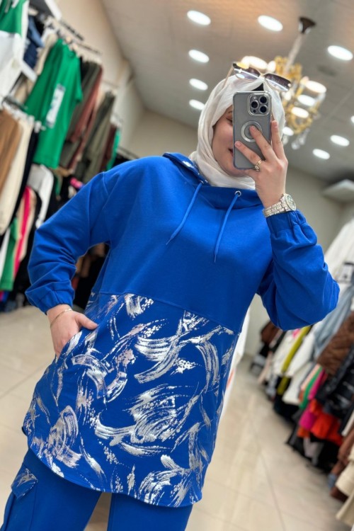 9630 Kapşonlu Yaldızlı Takım  Saks  Saks Mavisi