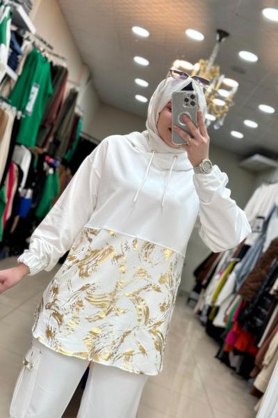 9630 Kapşonlu Yaldızlı Takım  Beyaz Beyaz